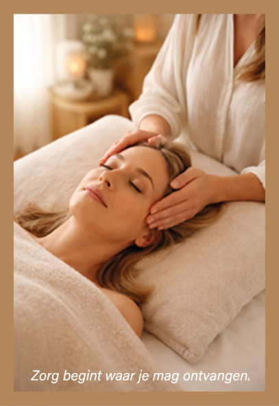 Jonge vrouw krijgt hoofdmassage met tekst: zorg begint waar je mag ontvangen